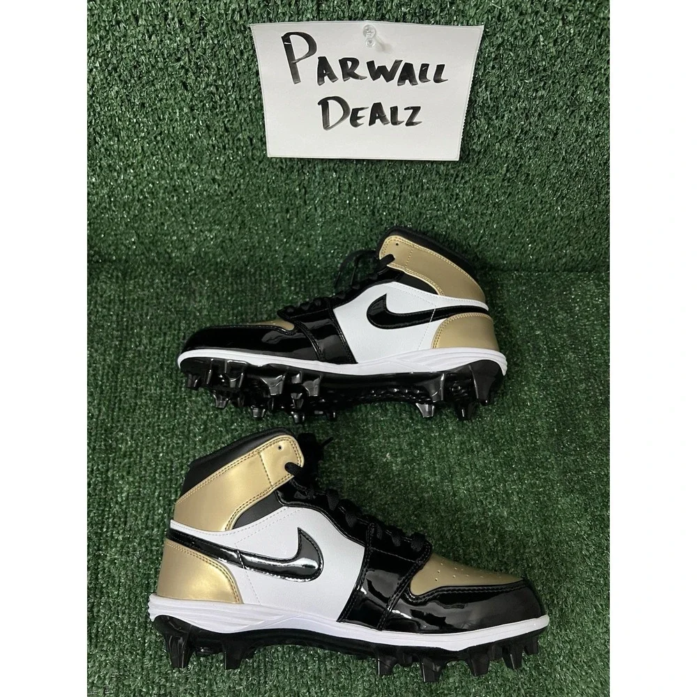 Nike Air Jordan 1 Mid TD Football Cleats White 'Gold Toe' Men's 9 FJ6805-701